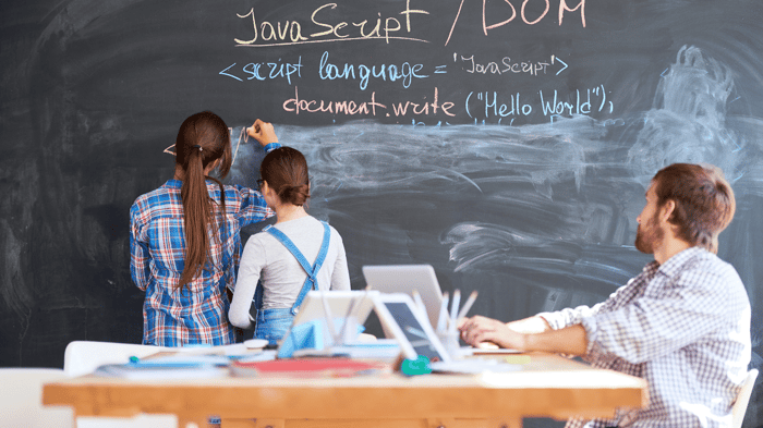 Kids in a classroom learning to code in JavaScript 
